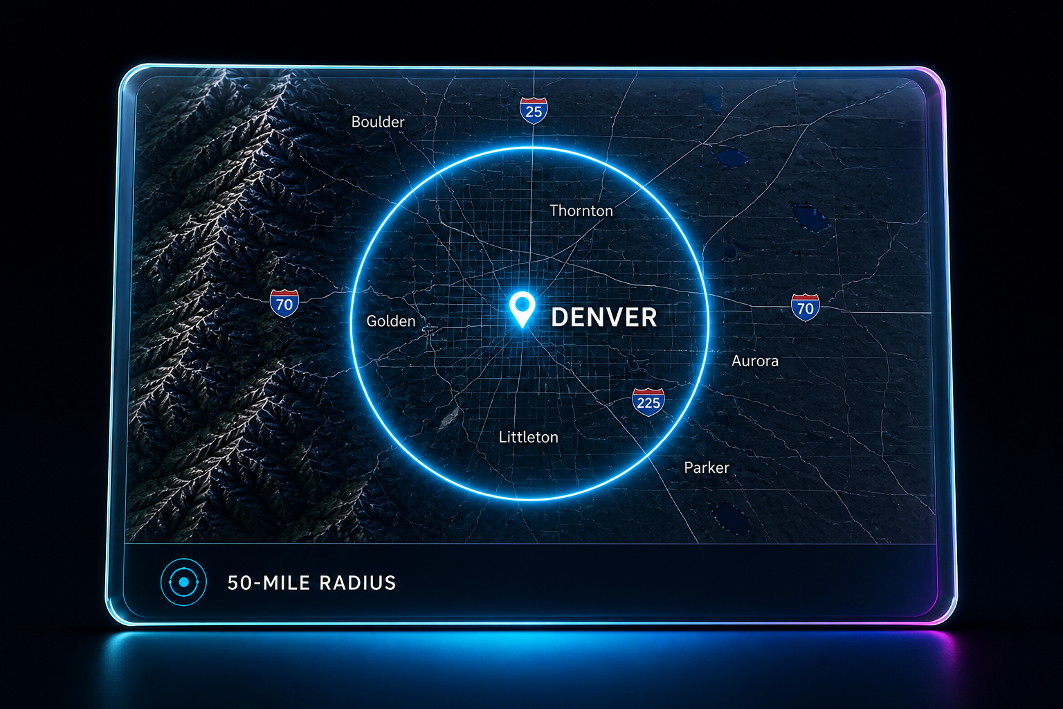 Glass depth map showing TrueLux Solutions approximate 50-mile service radius around Denver, Colorado
