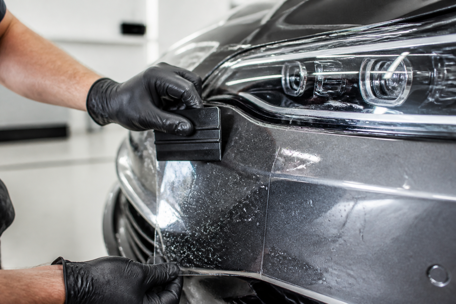 Paint protection film being professionally installed on a vehicle bumper